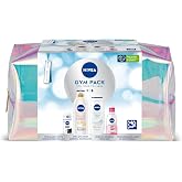 NIVEA Gympack Gym Toiletry Bag, Set for Her with Deodorant Roll On Black &amp; White 50 ml + Body Lotion Q10 400 ml + Eye Makeup