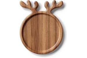Dofira Bandeja de Servir de Madera de Acacia con Asas de Cornamenta, Bandeja Organizadora Decorativa, Bandeja de Madera Redonda de 25.4x20.3cm para Aperitivos de Frutas y Postres