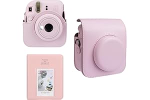 Meetikar Kameratasche und 64 Taschen Fotoalbum kompatibel mit Fujifilm Instax Mini 12 Sofortbildkamera, PU Leder tragbare Mini 12 Kameratasche mit verstellbarem Schulterriemen (Rosa)
