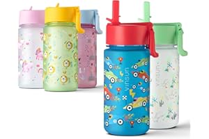 VINSUN Butelka do picia dla dzieci, 500 ml, pokrywka ze słomką, szczelna, nie zawiera BPA, nadaje się do napojów gazowanych, tritan, niebieska butelka na wodę z samochodem, do przedszkola, szkoły,