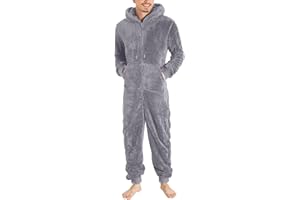 DUHENWU Warmer Fleece Overall Herren Kuschelig Jumpsuit Plüsch Schlafanzug Elegant Einteiler Onesie Langarm Einfarbig Pyjama Mit Reißverschluss Männer Flauschig Oversize Schlafoverall Mit Kapuze