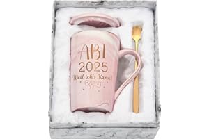Diztoud Abi 2025 Kubek do kawy, prezent dla dziewczynki, chłopca, Abi 2025, kubek z okazji ukończenia szkoły, 400 ml, różowy ceramiczny kubek marmurowy z pokrywką, łyżeczką i pudełkiem na prezent