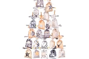 Adventskalender zum Befüllen Groß (12x21cm), 24 Stoffbeutel Kette zum selber Basteln und Aufhängen 2024 Weihnachtskalender zum selberfüllen mit Gelb Grau Stoff Säckchen für Kinder junge männer Mädchen