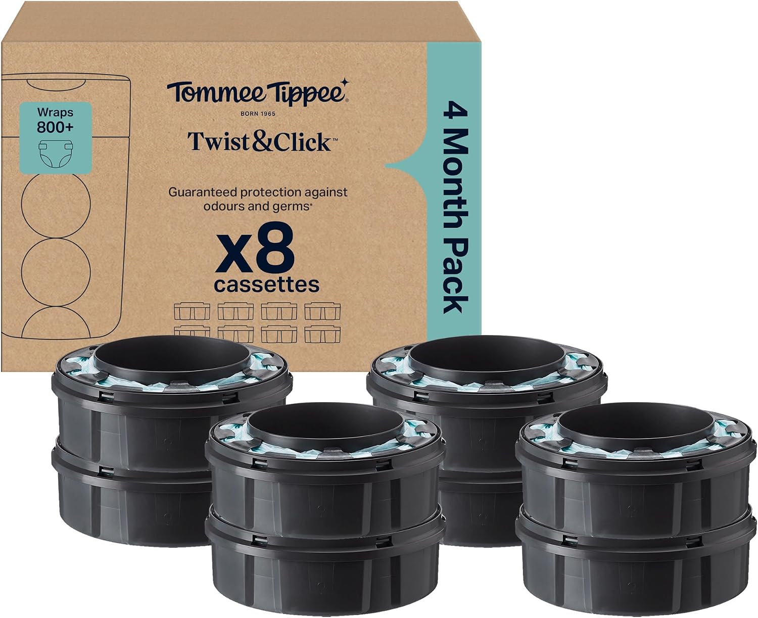 Tommee Tippee Twist and Click Advanced Nappy Bin Original Refill Cassettes, Exclusive Pack of 8, 10.5 metres each, for Easy refill and Great value, 8 X 10.5m (pack may vary).