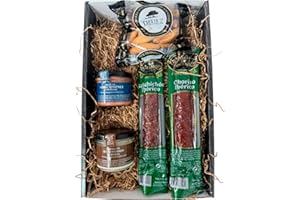DELIEX DELICIAS DE EXTREMADURA Cesta gourmet para regalar con ibéricos, a elegir con vino, aceite o paté y crema de queso, escoje la caja regalo que mas te guste (Estuche regalo, Paté y crema de queso)
