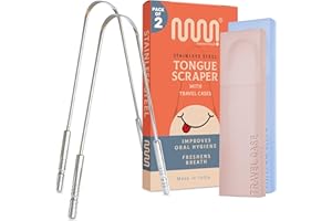 MasterMedi raschietto lingua con custodia da viaggio - 2 pack, combattimenti alito cattivo, medical grade 100% in acciaio inossidabile, grande per oral care, pulisci lingua per adulti e bambini