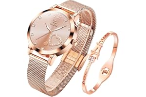OLEVS Damenuhr Roségold mit Herz Diamant Schwarz Weiße Gesicht Quarz wasserdicht Armreif Armband Set Armbanduhren für Damen