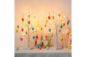 ‎DELICHTER DELICHTER 2er Set Weißer Oster Baum mit bunten Eiern, Ostern Geschenke Batteriebetriebener Bäumchen mit Lichtern, Mini Osterdeko Lichterbaum für die Innendekoration des Wohnzimmers im Frühling