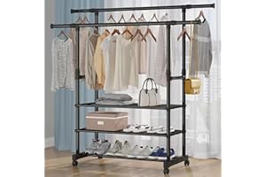 Joyyko Kleiderständer, Schwerlast-Kleiderstange auf Rollen Trennwände stabil garderobenständer mit Ablage Gardarobenständer aus Metall Kleidungsständer Tragkraft einfache Montage tragbar (VSY29-new)