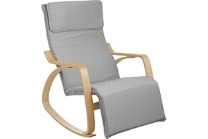 Baroni Home Sedia a Dondolo con Braccioli in Legno da Interno, Poltrona a Dondolo ergonomica in Tessuto con Poggiatesta e Poggiapiedi Regolabile a 5 Altezze, Max 150 kg, Salotto Camera, Grigio