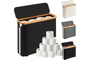 PRISMORIA Toilet Roll Storage, Black Toilet Paper Basket with Lid Bamboo Toilet Paper Storage Holder Organiser Toilet Paper Storage Container for Mega Roll Standing for Bathroom Cabinet for up to 12 Rolls