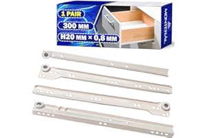 1 Par Guias Correderas para Cajones 300 mm H20 mm x 0,8 mm - Blancas Rieles para Cajones de Rodillos Tienen una Extensión Parcial de 233 mm - Garantía de 10 Años - MONTERAL