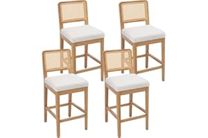 chairus Zestaw 4 szt. stołków barowych szenilowych z rattanowym oparciem w stylu retro, drewniane, stołki barowe do jadalni i kuchni (kolor biały-4)