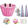 Heyworld Kids Bike Basket, Wicker Basket, Handlebar Bicycle Basket for Girls with Unicorn Necklace, Bike Bell, Streamers, Stickers Bike Decoration Accessories Set (Pink Set 2)