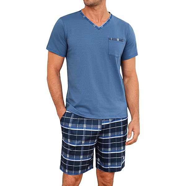 Jahetuul Korte katoenen pyjama voor heren, zomer, pyjamaset met ronde hals en zakken, pyjama met geruite shorts, nachtkleding, Medium Grijs, 4XL