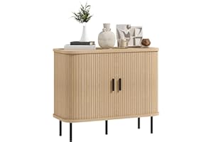 HOMCOM Mid-Century Modern Sideboard Storage Cabinet with Slatted Tambour Sliding Doors, Kitchen Cabinet with Steel Legs, Oak Tone