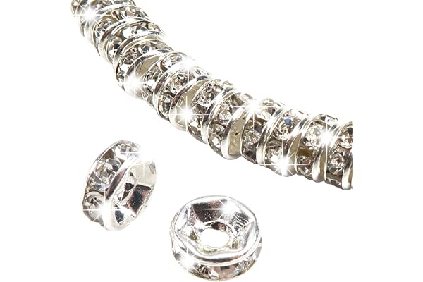 TOAOB 100pcs Perles D'espacement Rondelles Perle Intercalaires en Métal 6mm Argent avec Strass pour Fabrication de Bijoux Collier Bracelet DIY Artisanat