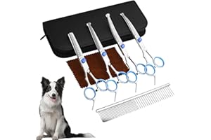 SEEFEY Ciseaux Toilettage Chien-Acier Inoxydable avec Pointe Ronde de Sécurité pour Couper les Poils,Compris Ciseaux à Effiler, Ciseaux Courbes, Ciseaux Droits, Peigne,Kit Toilettage Chien pour Chat Animaux