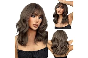 EMMOR - Parrucca da donna con capelli sintetici lunghi e ondulati, effetto naturale, per feste, cosplay e uso quotidiano (castano, 2 pezzi, cuffia per parrucca gratuita)