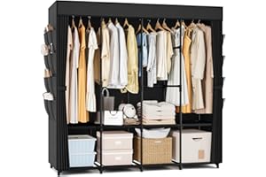 Vicye Armadio in Tessuto, Armadio Camera da Letto da 4 Barra Appendiabiti, 4 Ripiani e 8 Tasche Laterali, Guardaroba Grande con Copertura, Armadio Pieghevole per Spogliatoio 164 x 41,5 x 160 cm Nero