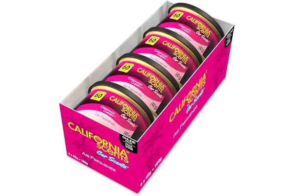 California Scents Ambientador de coche en Lata Premium - 4 Pack (Hasta 60 Días)- Fragancia Duradera de Cereza - Control de Intensidad de Olor para un Ambiente Fresco y Personalizado en tu Coche, 42g