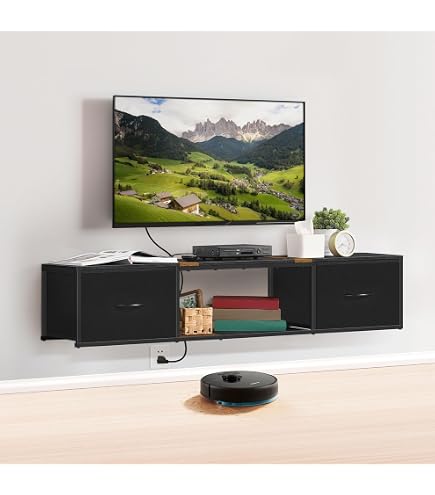 IBUYKE Floating TV Stand Wall Mount - Modern Wood Media Console With Power Outlets, Cable Management, Black, Fits 43-60 Inch TVs