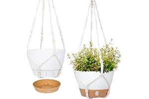 QCQHDU Makramee-Pflanzgefäß-Set, 25,4 cm, für drinnen und draußen, hängender Blumentopf mit Drainageloch, für Garten und Haus (Weiß), 2 Stück
