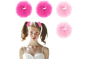 JJUNW 2 st Rosa Luddiga Hårband, Heta Rosa Scrunchie Med Bollar, Fluffiga Rosa Pom Pom Hårband, Rosa Päls Hästsvans Hållare F