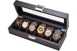 Guolich Caja de Almacenamiento de Relojes Estuche para Exhibición de Relojes Cuero Fibra de Carbono Joyería Pulsera Colección Organizador con Tapa de Vidrio (6 Ranuras)