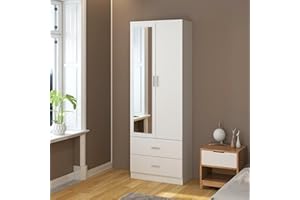 Panana 2 Door 2 Drawers Mirrored Wardrobe with Hanging Rail Wooden Clothes Storage Cupboards Unit for Bedroom Furniture 77 x 50 x 180 cm (White)