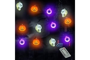 AOOIIN Halloween Luci Stringa, 4.5M 30 LED Zucca Teschio Bulbo Oculare Luminosa Halloween, 8 Modalità Fairy Lights Halloween per Interno Esterno Giardino Cortili Festa
