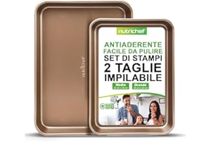 NutriChef Set di 2 Teglie da Forno Antiaderente, Vassoi per Cottura in Forno in Acciaio al Carbonio di Qualità Premium con Rivestimento Antiaderente, Teglie Grandi e Medie per Biscotti, Oro