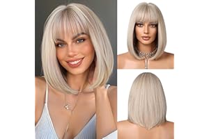 OUFEI Peluca Bob Rubio Platino con Flequillo Peluca Corta y Recta para Mujer Pelucas de Pelo Sintético Cosplay Uso Diario de Fiesta
