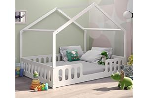 CADANI Janne 2in1 Hausbett 200x140 cm Weiß, Flexibler Rausfallschutz abnehmbar, Kinderbett Umbaubar, Montessori Design, Holzbett mit Lattenrost