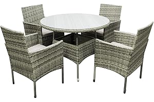COZYBRITE Rattan Garden Furniture Set with Round Dining Table Chairs 4 Seaters for Outdoor Patio Bistro SFS014-1 (Mix Grey)