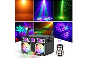 GLOWINGSTAGE Lumière de Fête Disco LED à Double Tête 5 en 1, RGBY 15 Couleurs Combinées de Fête (avec Effet UV) Télécommande 30 Effets de Motif LED DMX, Projecteurs à Effet DJ Adaptés Mariage Festivals Club