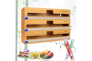 AOOGON 3-in-1 Folienschneider(Inklusive Aluminiumfolie und Frischhaltefolie),Folienspender Mit Cutter, Bambus/Folienabroller,Plastikfolie, Aluminiumfolie und Wachspapierspender für Küchenschubladen