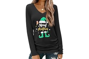 Cicy Bell Damen Weihnachtsshirt Langarm V-Ausschnitt T-Shirt Christmas Oberteile Weihnachtspullover Top