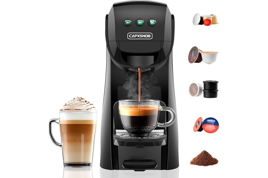 Warriors1 5 in 1 Capsule Coffee Machine for Nespresso, Lavazza A Modo Mio, Espresso Point, Dolce Gusto and Ground Coffee, 20 Bars, 0.8L, Adjustable Heat and Quantity, Compact for Home and Office