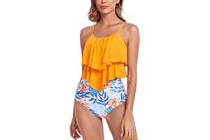 FLYILY Tankini High Waist damski dwuczęściowy zestaw bikini, z falbankami, z nadrukiem, moda kąpielowa z wysoką talią, spodnie bikini, górna część stroju plażowego