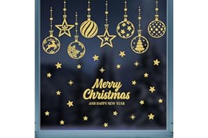 GEBETTER 4 Fogli Vetrofanie Natalizie Glitter Oro per Finestre, Adesivi Natalizi per Finestre Glitterati Albero di Natale Stelline, Sticker Natalizi Decorazione Addobbi Vetrina Vetro Natale