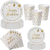 Nkaiso Plates and Cups for Birthday, 50 Pieces White Gold Disposable Cardboard Plates Set, 10 x 23 cm &amp; 10 x 18 cm Party Plat