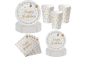 Nkaiso Kit Vaisselle Jetable Anniversaire 50 Pièces Blanc Or - 10 Assiettes Plates, 10 Assiettes Dessert, 10 Gobelets, 20 Serviettes - Pour Decoration Anniversaire Party - 10 Invités
