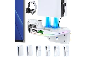 Rysker Supporto da Parete per PS5/Slim/Pro con Ventola e Caricatore per Controller, Ventola Raffreddamento PS5 con 3 Velocità e Luce RGB, Base di Ricarica PS5 Accessori con Gancio per Cuffie