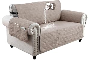 QQJIN 100% Waterproof Sofa Cover, 2 Seater Non-Slip Sofa Slipcover with 6 Side Pocket, Washable Settee Cover with Adjustable Elastic Strap for Kids, Dogs, Khaki, 2 Seater