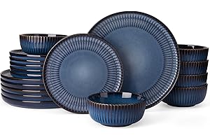 Richmount Starlight Dinner Sets for 6 People, 18 Pieces Reactive Glaze Plates and Bowls Sets, Embossed Stoneware Dinner Sets, Scratch Resistant Dinnerware Set, Dishwasher & Microwave Safe, NebulasBlue