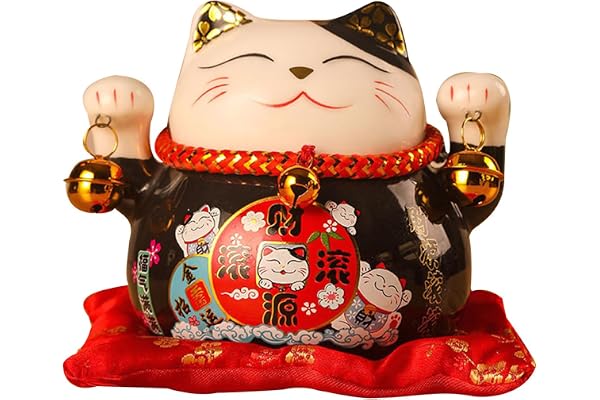 Lycklig katt 4,5 tum blomstrande affärsmässigt pengar keramisk sparbössa med klockor, Beckoning Maneki Neko Lucky Fengshui katt Feng Shui dekor för butik (#7)