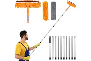 MEYUXG Teleskopowa myjka do okien, 4,5 m, zestaw 2 w 1, 10-częściowy drążek teleskopowy, myjka do okien z gumową wycieraczką i ściereczką z mikrofibry, miotełka do kurzu do wnętrz i na zewnątrz, wysokie okna