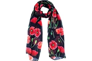 Accjzzlyn Poppy Scarf Chiffon Poppies Flower Printed Satin Scarf Ladies Wraps Shawls for Remembrance Day 60 x 180cm