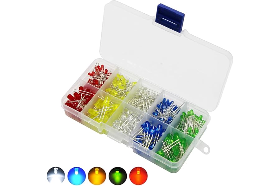 200pcs 5mm 2pin LED Light Emitting Diodes Round Head Lamp Resistor Assorted Kit,DIY, Light Lamps,5 Colors